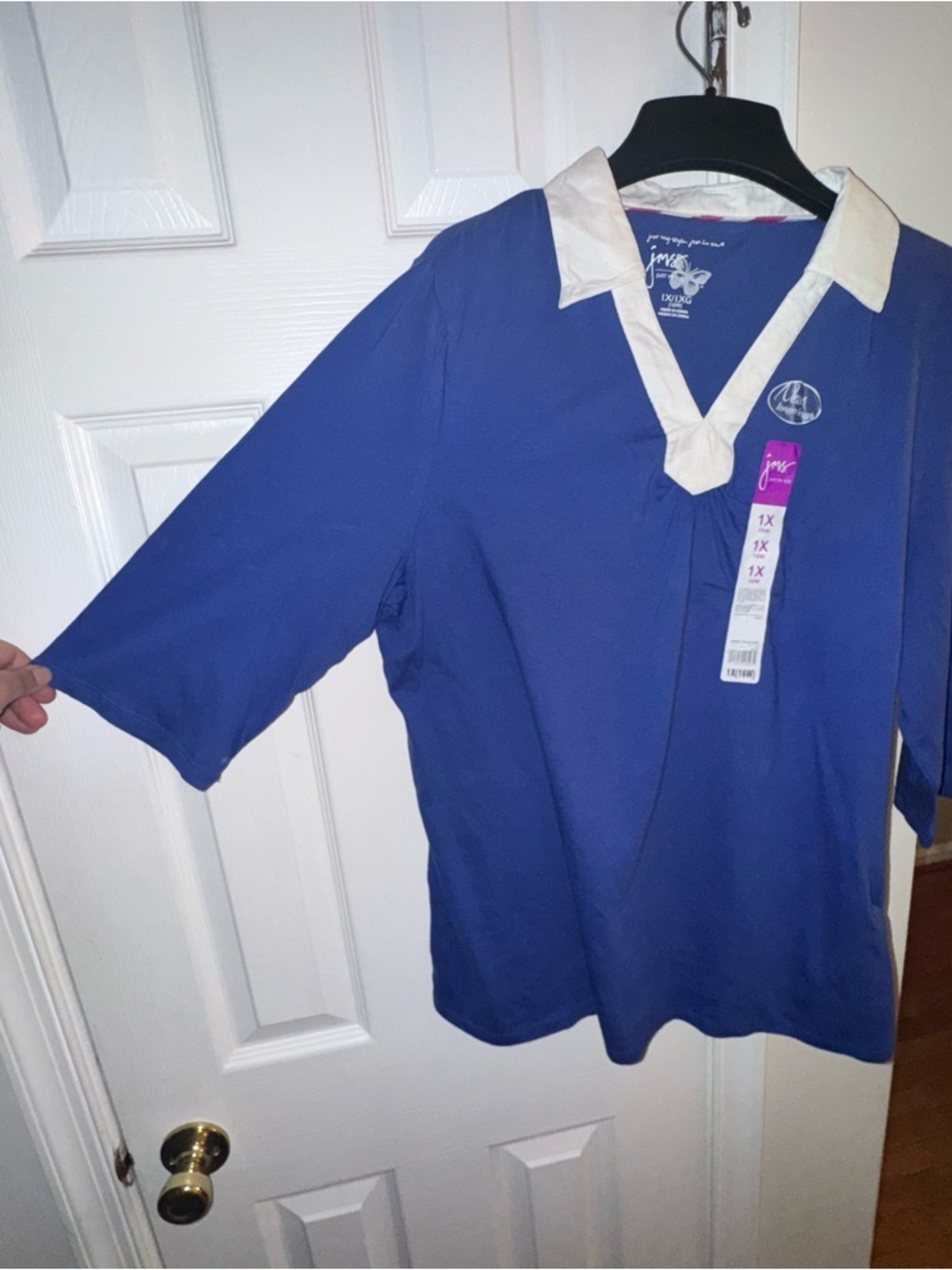 Just My Size Women’s Plus 1X Blue Cotton Knit Top Johnny Collar 3/4 Sleeve NWT - Picture 6 of 7